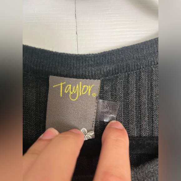 Taylor Charcoal Gray Pointelle Bell Sleeve Ribbed Knit Dress - Picture 6 of 7